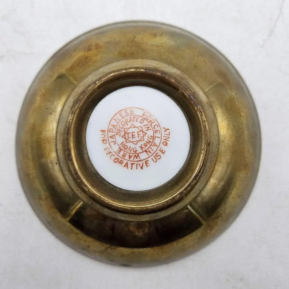 Vintage Japanese Porcelain Collector Plate Brass Trim Floral T.F.F. Hong Kong